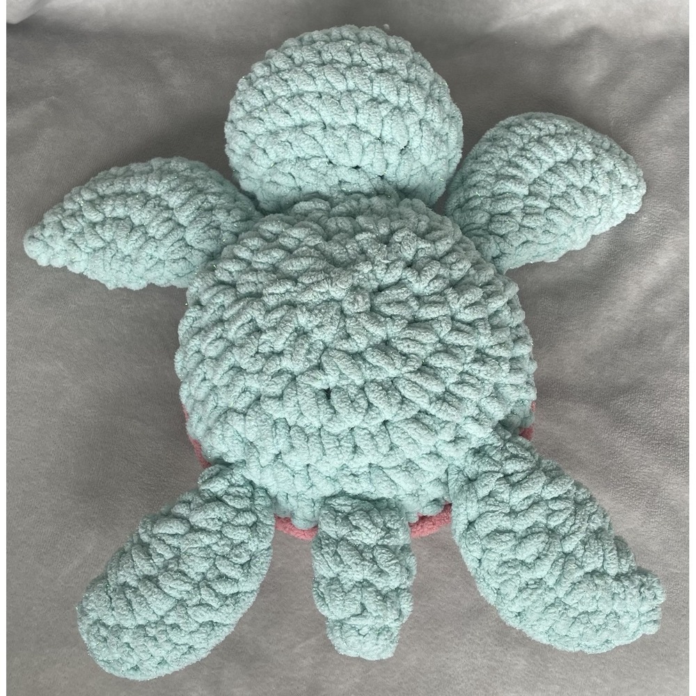 Crochet Turtle Pink Green Sparkles 12" x 13" Handmade Strawberry Pink Lemonade - Picture 8 of 8
